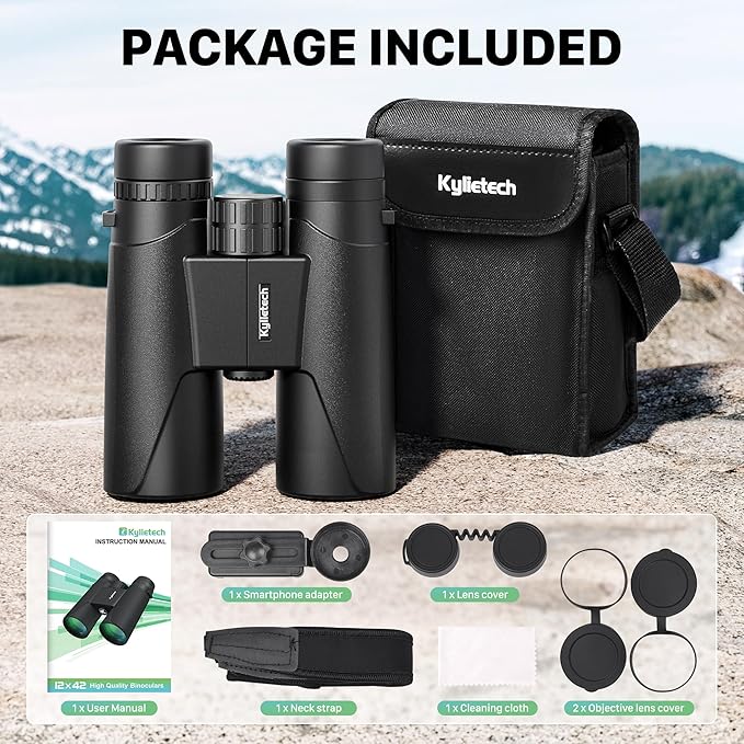 Kylietech 12X42 Binoculars for Adults with Universal Phone Adapter, HD Waterproof Fogproof Compact Binoculars for Bird Watching, Hunting, Hiking, Sports, and Concerts with BAK4 Prism FMC Lens
