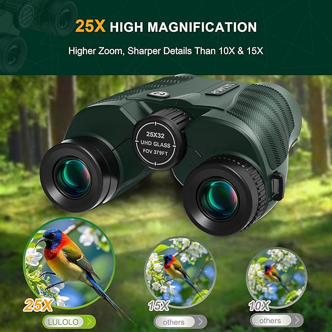 25x32 UHD Compact Binoculars for Adults High Powered - Large View Binoculars with Clear Low Light Vision - Super Bright Lightweight & Waterproof Binocular for Bird Watching Travel Hunting