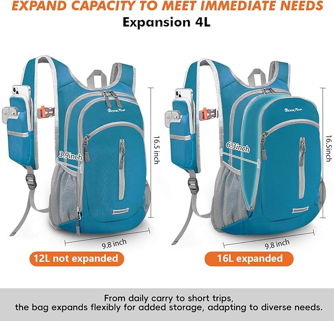 Seektop Small Hiking Backpack Expandable 12L-15L, Lightweight Packable Waterproof Daypack with Phone Pocket for Women Men