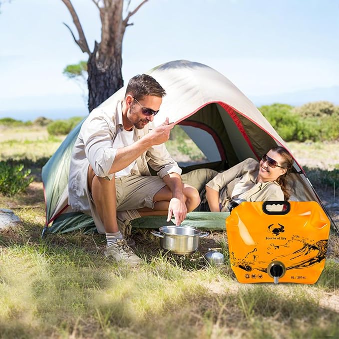 Collapsible 8L Water Storage Bag, BPA-Free Portable Folding Water Jug with Adjustable Faucet, Leakproof Emergency Water Bag for Camping, Hiking, Riding, Outdoor Sport (4, Blue & Orange)