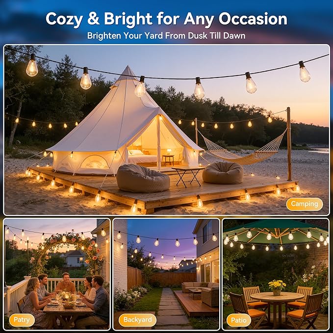 Ollny S11 30FT Solar String Lights Outdoor with Remote, Waterproof Dimmable Patio Lights with Timer & 3 Lighting Modes, 10 Shatterproof Edison Bulbs, String Lights for Outside Backyard Party Décor