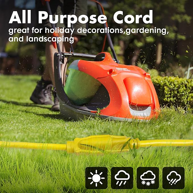 1ft Yellow Extension Cord Waterproof, UL Listed, 12/3 SJTW Heavy Duty 3 Prong, 12 Gauge 15A Power Cord Ideal for Lights, Appliances, and Lawn