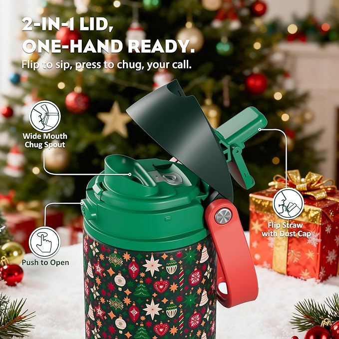 POWCAN 24 oz Christmas Insulated Water Bottle: 2-in-1 Push-Button Spout & Quick-Flip Straw, Leakproof, Fits in Car Cupholder, Stainless Steel Water Bottle for Holiday Gift, Sports, School (Jingle Joy)