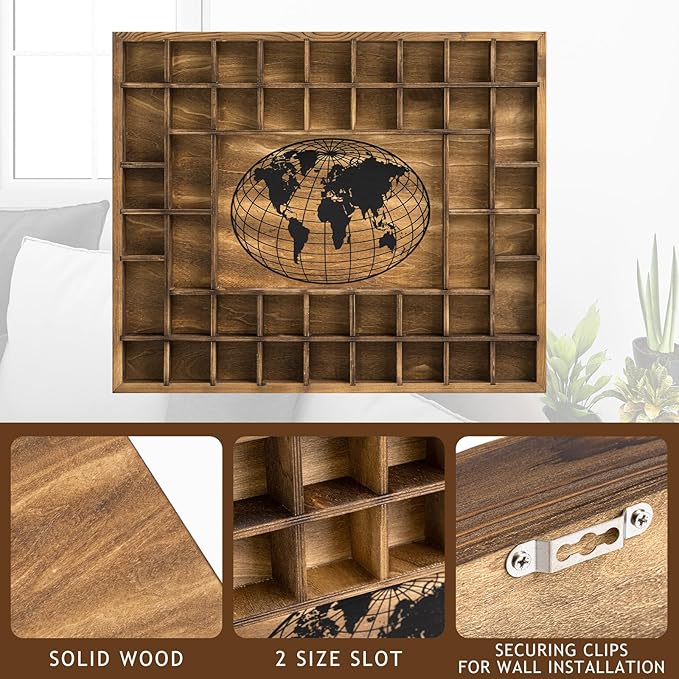 GlikCeil 44 Slots 28 x 23'' Medium World Map Shot Glass Display Case Rustic Wood Shot Glass Holder for Different Size Wineglass Bar Shelf Organizer Storage Cabinet Decor