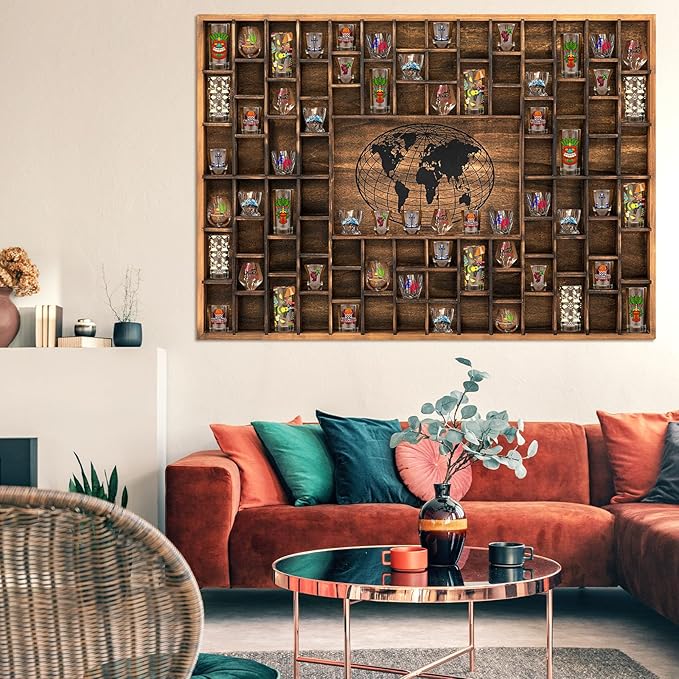 GlikCeil 88 Slots 48 x 34'' Jumbo World Map Shot Glass Display Case Rustic Wood Shot Glass Holder for Different Size Wineglass Bar Shelf Organizer Storage Cabinet Decor