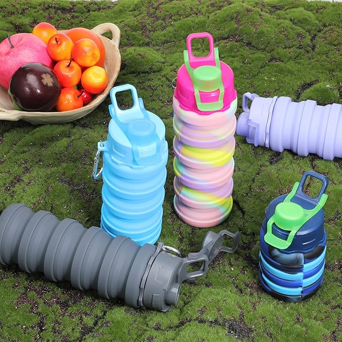 5 Pcs Collapsible Water Bottles, 16 oz Portable Foldable Water Bottle with Metal Clip Silicone Leakproof Travel Waters Bottle Reusable Sports Waters Bottles for Travel Camping Hiking Cycling