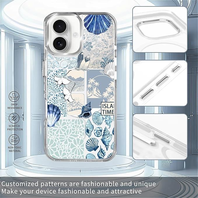 Case for iPhone 16,[Compatible with MagSafe],Sea Life Ocean Waves Seashell Collage Phone Case Design，for Women Girls Magnetic Clear Cover - Slim, Sleek, & Shockproof Protection