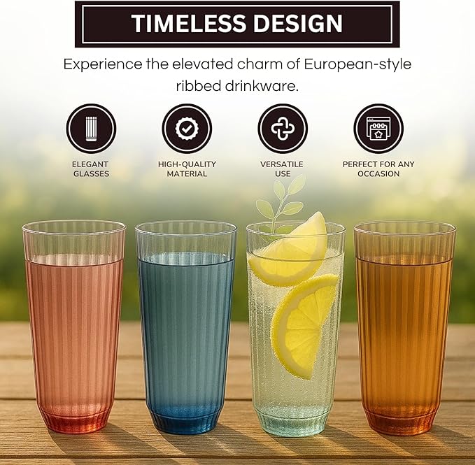 Khen Plastic Acrylic Ribbed Drinking Glasses – Set of 4 Multicolor 11.8oz Tritan Tumblers, European Style Shatterproof Drinkware – Durable, BPA-Free, Dishwasher Safe, Stackable & Unbreakable Cups
