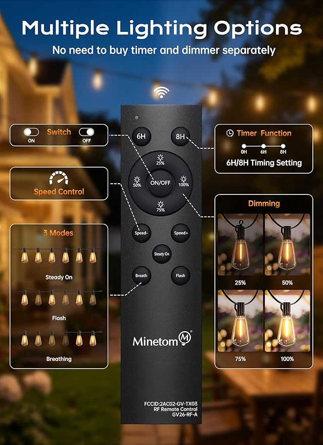 Minetom 100FT Outdoor String Lights with Remote, 46+2 Shatterproof ST38 LED Bulbs, Waterproof Patio Lights with 3 Modes, Dimmable & Connectable 2700K Hanging Lights for Backyard Porch Deck Balcony