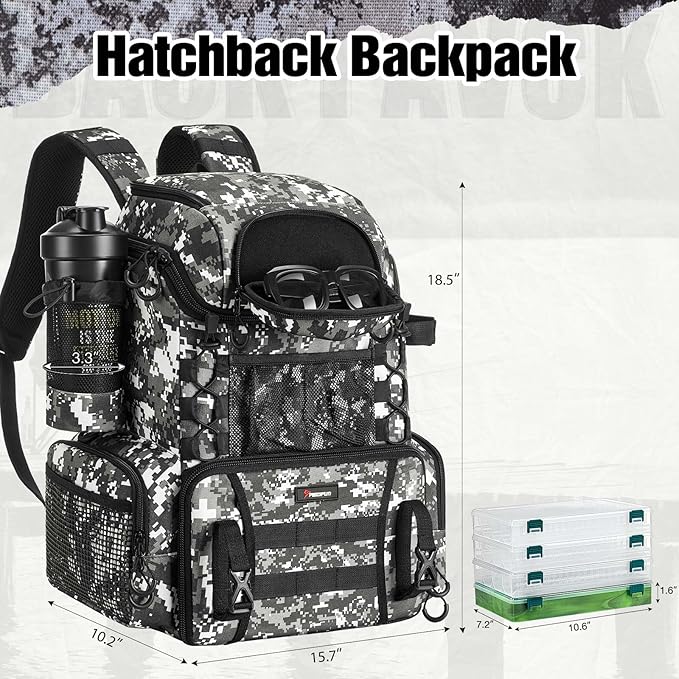 Piscifun Fishing Tackle Backpack with Rod Holders & 4 Tackle Boxes, 42L Outdoor Fishing Bag with Waterproof Rain Cover