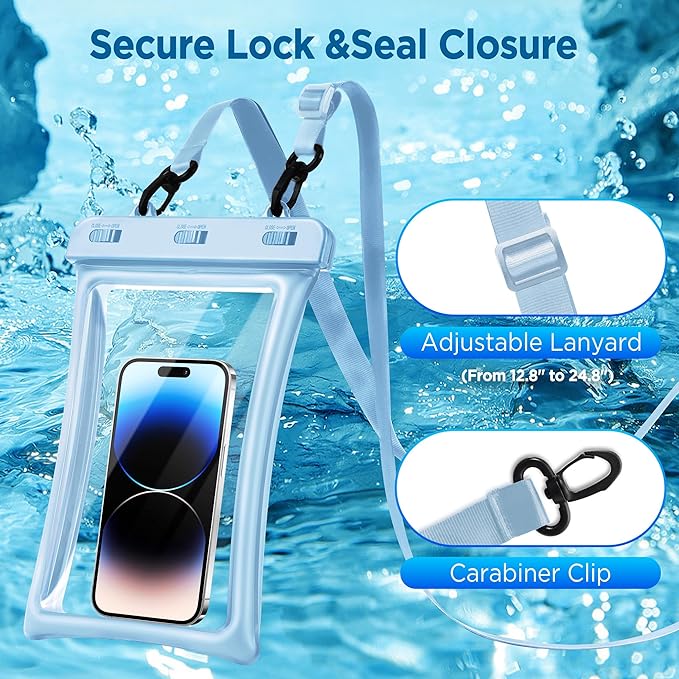 CACOE [Floatable Floating Universal IPX8 Waterproof Phone case 2 Pack-Up to 10.0",Adjustable Lanyard Phone Pouch,Dry Bags for Vacation Beach Pool Kayak Cruise Travel Essentials（White+Light Blue）