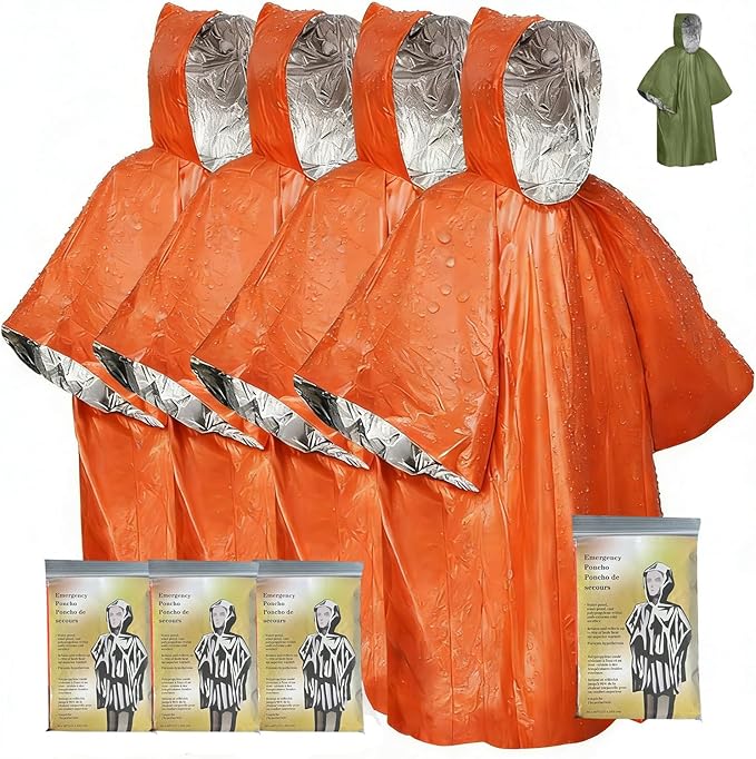 Emergency Survival Poncho (4pc) Thermal Mylar Foil Coating Blanket for Heat Retention and Rain | Reversible with Hood | Waterproof, Windproof, Portable | Orange | 100x130cm