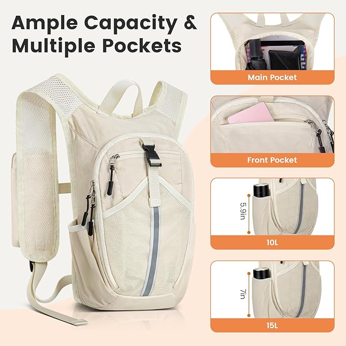 Small Hiking Backpack 10L- Lightweight Packable Foldable Backpack for Travel Camping Outdoor Commute, Compact Rucksack for Women Men(Beige)