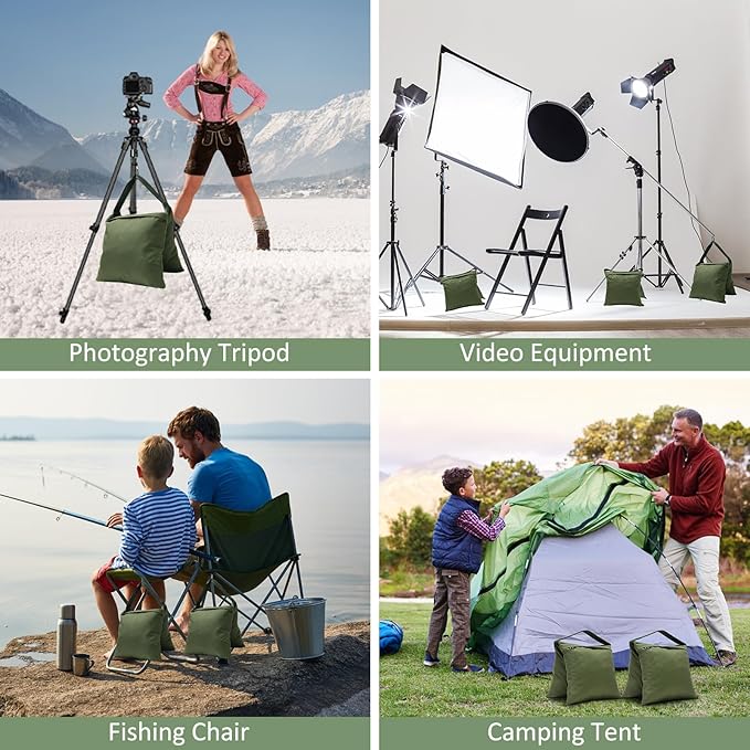 Aimosen 4 Packs Sandbags Military Green Weight Bags for Light Stand, Heavy Duty Saddlebags for Photography Backdrop Stand, Photo Video Tripod, Pop up Tent, Umbrella Base, Fishing Chair, Picnic Table