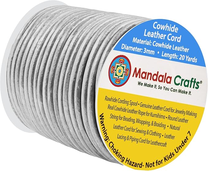 Mandala Crafts Round Genuine Silver Leather Cord for Jewelry Making – 3mm Cowhide Leather Rope String Lace for Kumihimo – 20 Yards Cowhide Craft Cording Spool