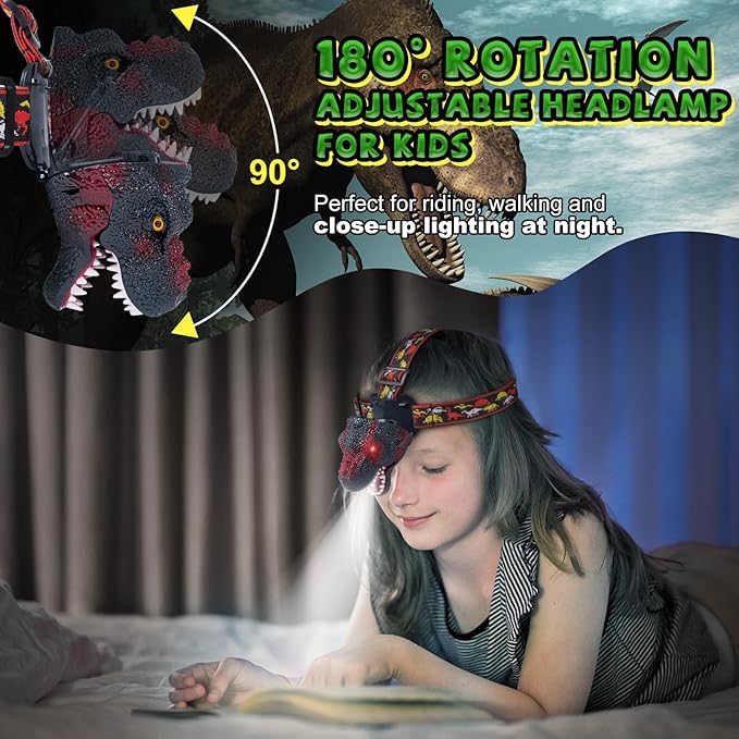 Nitigo Dinosaur Headlamp for Kids Flashlight Rechargeable Led Headlights Roar & Silent Mode, T-Rex Dinosaur Toys for Kids 3-5 4-6 5-7 6-8, Camping Gear, Easter Gifts for Boys Girls Adults