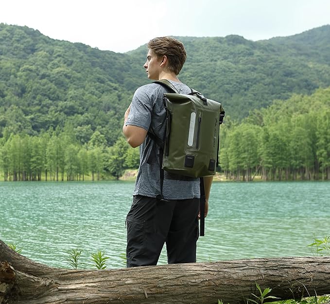 MARCHWAY Roll Top Waterproof Backpack, Floating Dry Bag 20L/30L/45L with Ergonomic Rectangular Base, Cushioned Back, Hip Strap for Hiking Camping Kayaking Travel (Army Green, 20L)