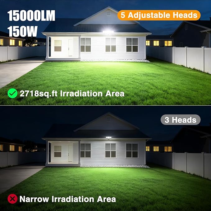 Onforu 150W 15000LM Dusk to Dawn Outdoor Lighting,5 Heads Plug in Flood Lights,6500K Super Bright Automatic White Outdoor Lighting,IP66 Waterproof Hardwired LED Security Lights for Garage,Yard,Outside