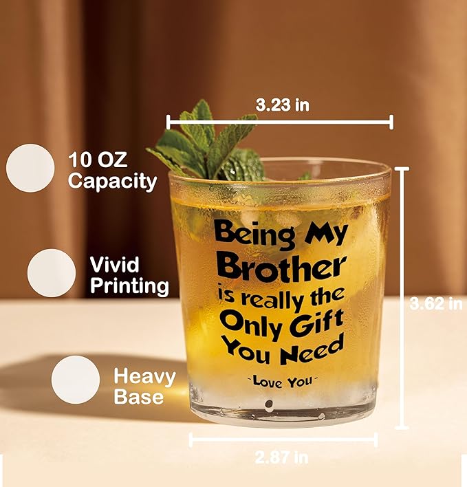 Nogrit Brother Gifts Whiskey Glasses 10 oz, Brothers Gifts for Birthday Father's Day, Being My Brother Is the Only Gift Old Fashioned Rocks Glasses for Men Drinking Cocktail Scotch Vodka Tequila Rum