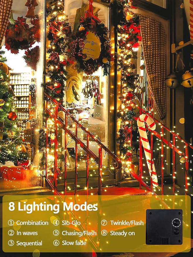 6 Pack 600 LED Solar String Lights for Outside, Solar Christmas Lights Outdoor with 8 Lighting Modes, Waterproof Green Wire Solar Powered Tree Light for Xmas Party Yard Garden Decorations (Warm White)