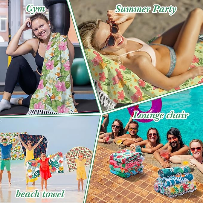Peryiter 24 Pack Microfiber Oversize Turkish Beach Towel Set 12 Large Absorbent Beach Towels with 12 Storage Bag 28 x 55 Quick Dry Lightweight Bath Towel Blanket for Hawaii Camp Swim Pool(Hibiscus)