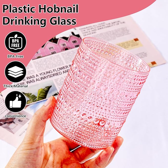 YOUBET 24PCS Plastic Drinking Glasses - 14OZ Pink Hobnail Drinkware Glasses - Vintage Glassware Textured Beaded Cups for Water, Beer, Whiskey, Juice and Various Mixed Drinks Mothers Day