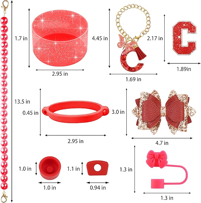 9PCS Red for Stanley Cup Accessories Set Bling Initials Bow Charms for Stanley Decorations 30/40 Oz Tumbler Accessories Including Bow Straw Topper, Handle Strap, Spill Stopper（Letter C）