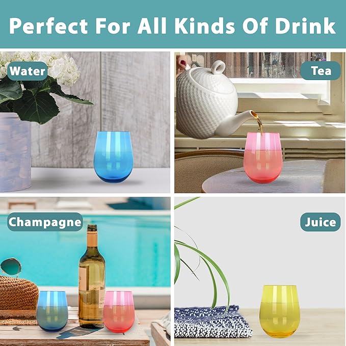 Lily's Home Unbreakable Poolside Acrylic Stemless Wine Glasses and Water Tumblers, Made of Shatterproof Plastic and Ideal for Indoor and Outdoor Use, Reusable. Mixed Colors. 14 Oz. - Set of 4