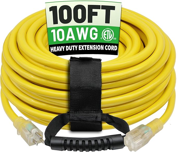 POWGRN 100 Ft 10AWG Outdoor Extension Cord Waterproof Heavy Duty, 3 Prong Flexible Cold-Resistant Long Power Cord Outside with Lighted Indicator End, 15Amp 1875W SJTW, Yellow ETL