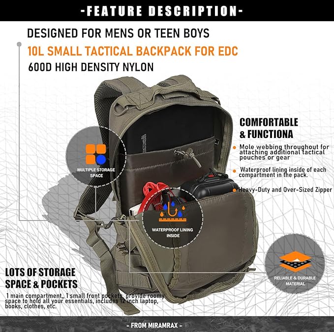 Miramrax 12L Small Backpack Day Pack - Mini Tactical Backpacks Military Daypack Molle Bag Rucksack Bug Out Bag for Hiking Camping Trekking (Green)
