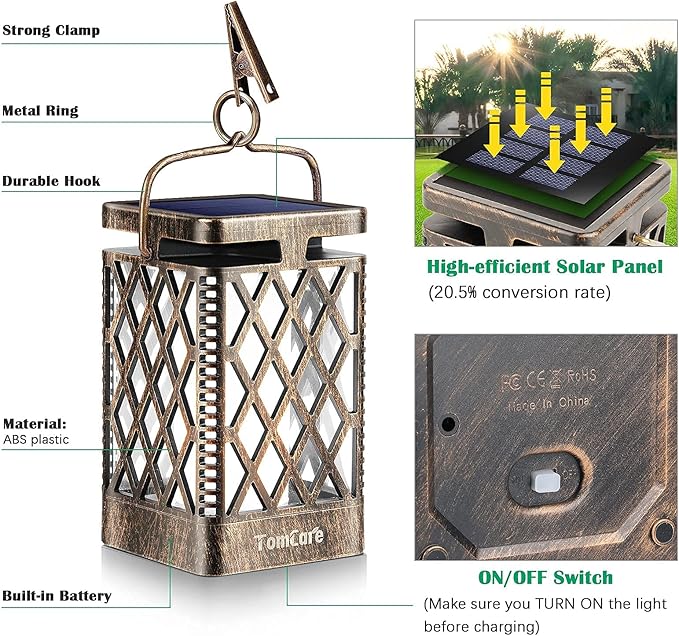 TomCare Solar Lights Outdoor Flickering Flame Solar Lantern Outdoor Hanging Lanterns Decorative Outdoor Lighting Solar Powered Waterproof LED Flame Lights for Patio Garden Deck, 2 Pack(Bronze)