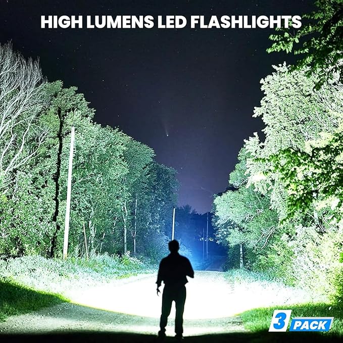 Rechargeable Flashlights 3 Pack - 990,000 Lumens Super Bright LED Powerful Flashlight, 5 Light Modes, Fast Charging, IPX7 Waterproof for Camping Home (L-3P)