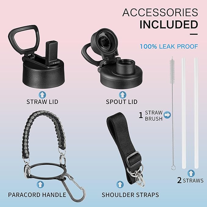 KXIAOCHEN Insulated Water Bottle, Stainless Steel Water Bottle, 2 Lids (Straw and Handle Lid),Wide Mouth Metal Water Bottles Keep Hot and Cold, Double Walled, Thermo Mug, Metal Canteen