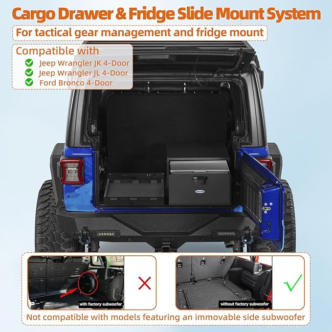 Hooke Road JK/JL/Bronco Trunk Sliding Drawer System & Fridge Slide Mount for 2007-2026 Jeep Wrangler JKU JLU 4-Door & 2021-2026 Ford Bronco 4-Door, Storage Lock Box for Overland Camping Gear