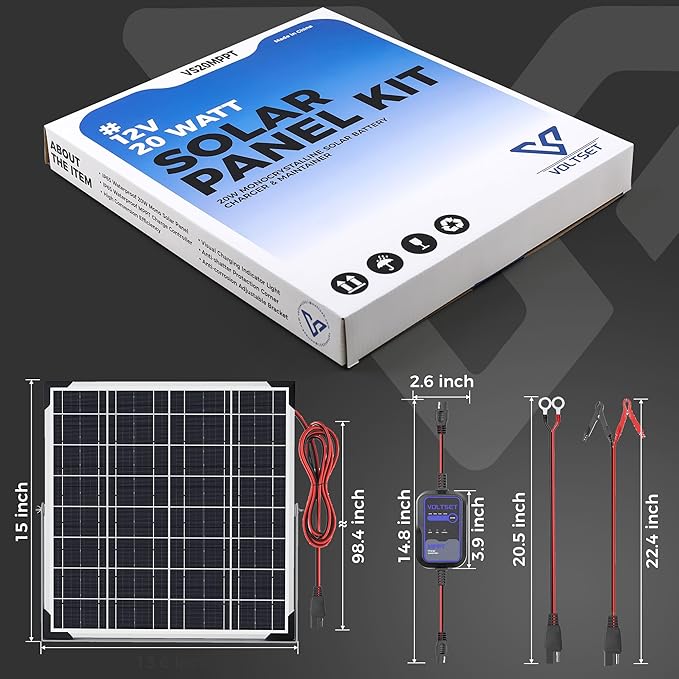 Voltset Solar Panel Kit 20W 12V with MPPT Controller, Solar Battery Trickle Charger Maintainer, Waterproof Solar Panel with Adjustable Mount Bracket for Boat RV Motorcycle Marine