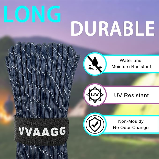 VVAAGG Reflective Paracord Rope 100FT, 7 Strand Nylon para Cord Lanyard Utility 550 Parachute Cord, 4mm Thin Tent Rope for Outdoor Camping Hiking