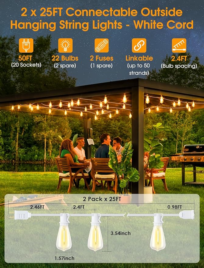 Larkvue 50FT(2x25FT) Outdoor String Lights, Patio Lights with 20+2 LED Dimmable Waterproof ST38 Vintage Bulbs for Wedding Garden Party Decor, White