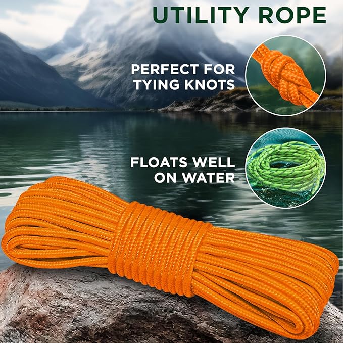 TECEUM Rope – 150 Feet x 1/4 Inch (7mm) – Orange Yellow – Strong All-Purpose Utility Rope – Camping, Crafting, Flag Pole, Indoor & Outdoor – Polypropylene Nylon Poly Lightweight Diamond Braided Cord