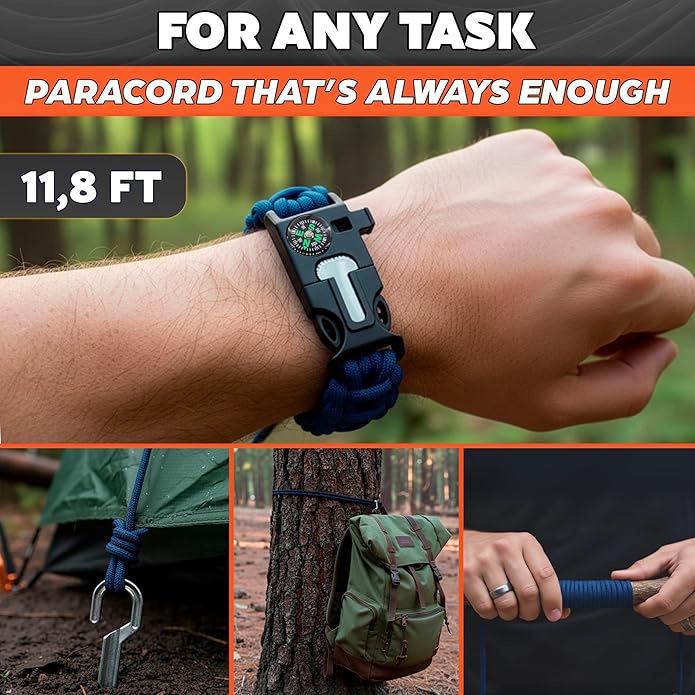 Paracord Bracelets for Men and Women – Adjustable Survival Paracord Bracelet with 10 ft Nylon Survival Cord, Flint Fire Starter, Compass, Whistle & Scraper – Gear for Camping, Hiking, Fishing & Travel