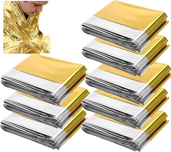 MEETSWEET Emergency Rescue Blanket Set of 8, Outdoor Survival Blanket Waterproof, Windproof, Warm, Sunscreen Lightweight and Portable Suitable for First Aid Bags and Outdoor Camping, Golden, 8pcs