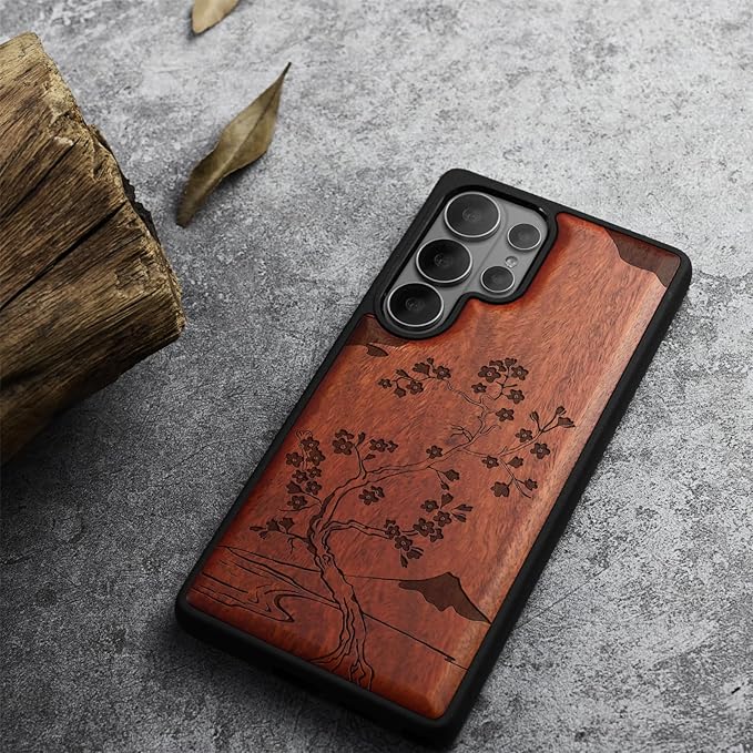 Carveit Magnetic Wooden Case for Samsung Galaxy S26 Ultra Case 2026, TPU Shockproof Cover & Wood Artisan Engraved, Compatible with MagSafe Wireless Chargers (Cherry Blossom with Mount Fuji) Rosy