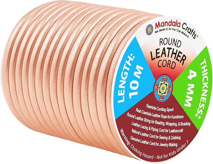 Mandala Crafts Round Genuine Rose Gold Leather Cord for Jewelry Making – 4mm Cowhide Leather Rope String Lace for Kumihimo – 11 Yards Cowhide Craft Cording Spool