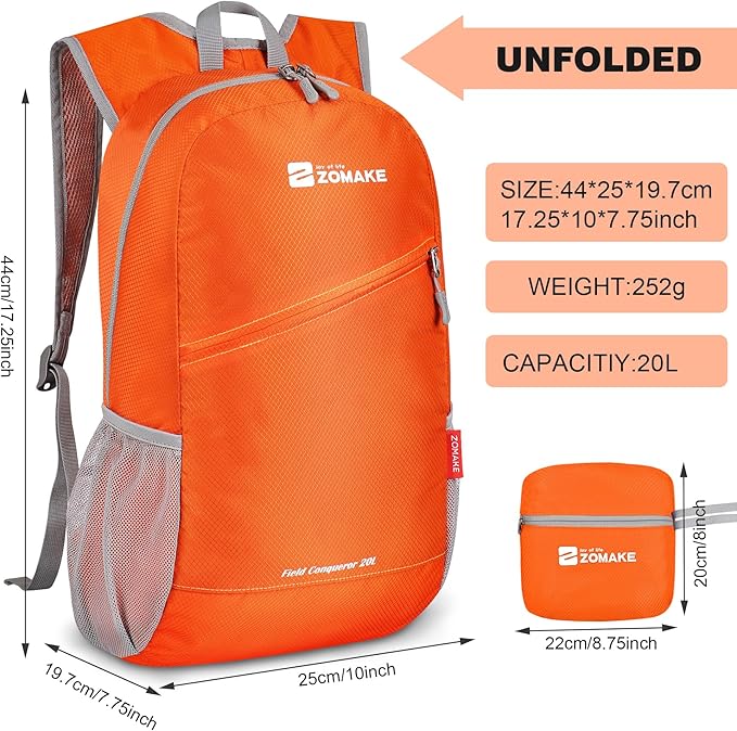 ZOMAKE Lightweight Packable Backpack,Foldable Backpacks Small Daypack for Hiking Water Resistant Day Bag for Travel(Orange)