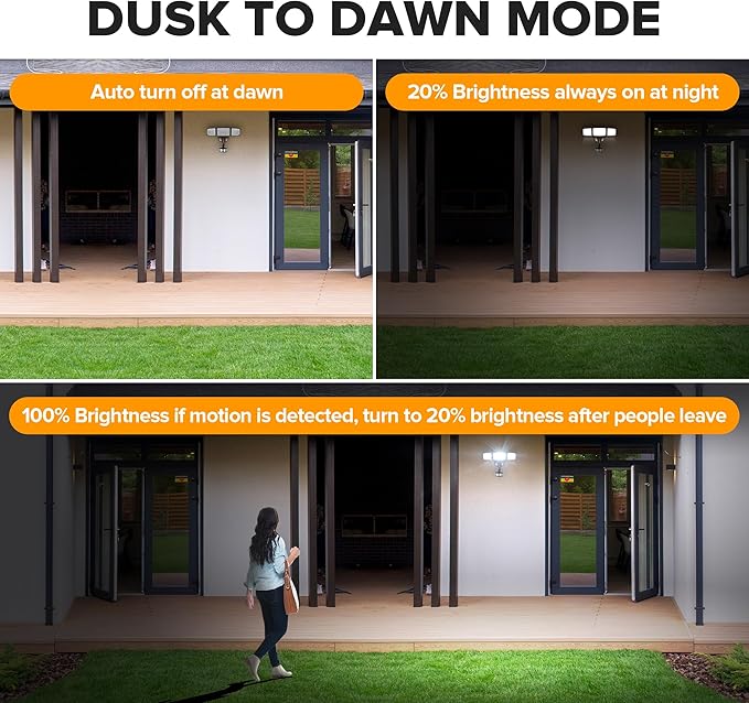 LUTEC 2 Pack 74W 8000 Lumen Motion Sensor Outdoor Lights, 5000K Daylight, IP65 Waterproof Flood Lights Outdoor with Night Light, Dusk to Dawn Motion Detector LED Security Light for Garage, Yard-Brown