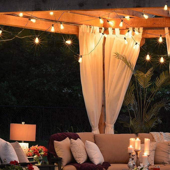 BLIATLUS 100FT Solar String Lights Outdoor Waterproof with Remote Control Solar Patio Lights 30+2 shatterproof LED ST38 Bulbs for Porch Garden Market Bistro Patio Backyard Fence