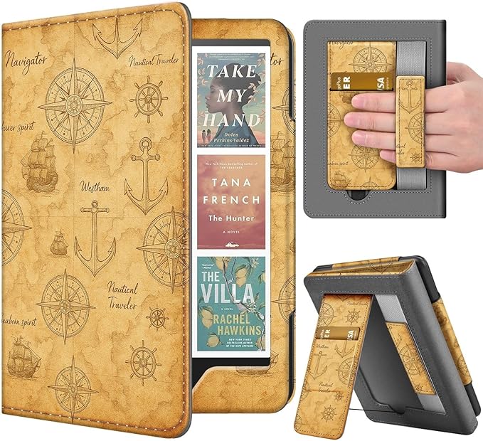 TNP Stand Case for Kindle Paperwhite 12th Generation 2024 / Kindle Colorsoft Signature Edition with Hand Strap & Card Slot - 7" PU Leather Protective Folio Cover with Auto Wake/Sleep, Nautical Map