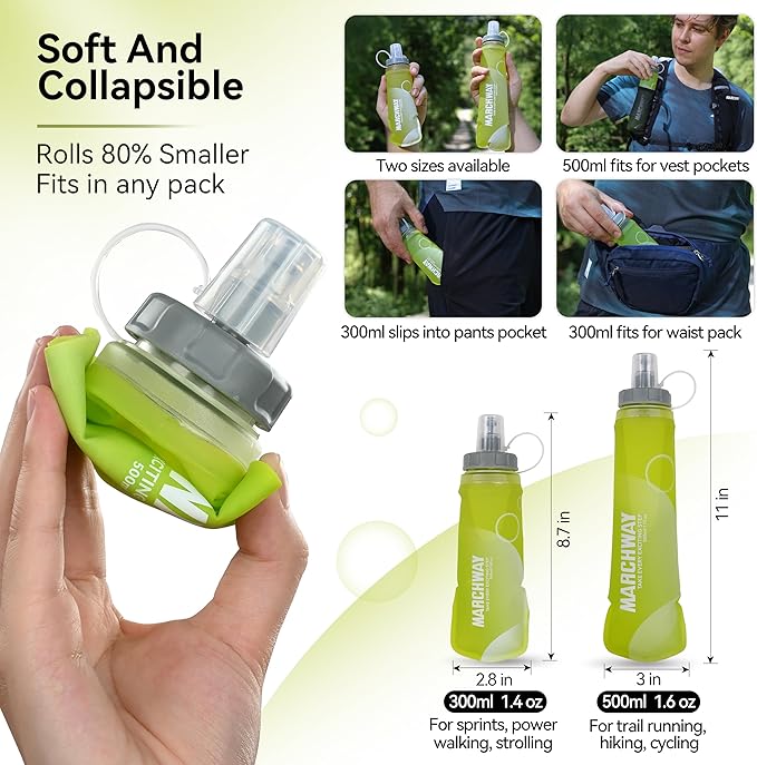 MARCHWAY Soft Hydration Flask with Wide Mouth, 300ml/500ml Collapsible TPU Water Bottle, Leakproof Portable Flexible for Running, Hiking, Cycling, Climbing, Gym, Travel (2pcs Yellow 300ml)