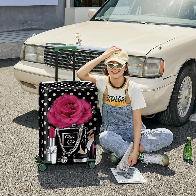 ANNA QUEEN Vintage Polka Dot Rose Travel Luggage Cover -Stretchable Airplane Suitcase Protector Sleeve,Universal Washable Fit for 32-34 Inch Checked Baggage,Water Resistant Durable Luggage Protector