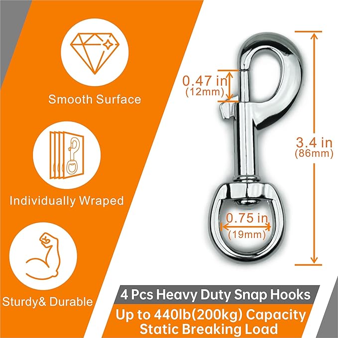 Garwor 4Pcs Heavy Duty Chrome Swivel Snap Hooks with Spring,Flag Hooks 0.77"x3.38",Pet Buckle Multipurpose Dog Leashes Key Chain for Linking Pet Leash & Collar,DIY Crafts