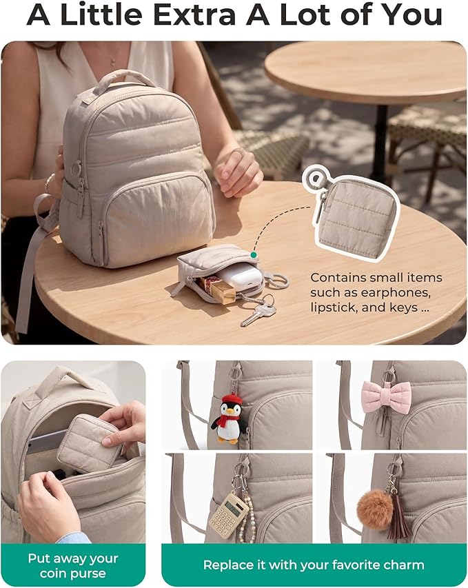 BAGSMART Small Backpacks for Women, Lightweight Puffer Mini Backpack Purse with Pouch, Quilted Casual Daypack, Water-Resistant Bookbag for Daily Travel College, 2-in-1 Set, Coffee Brown